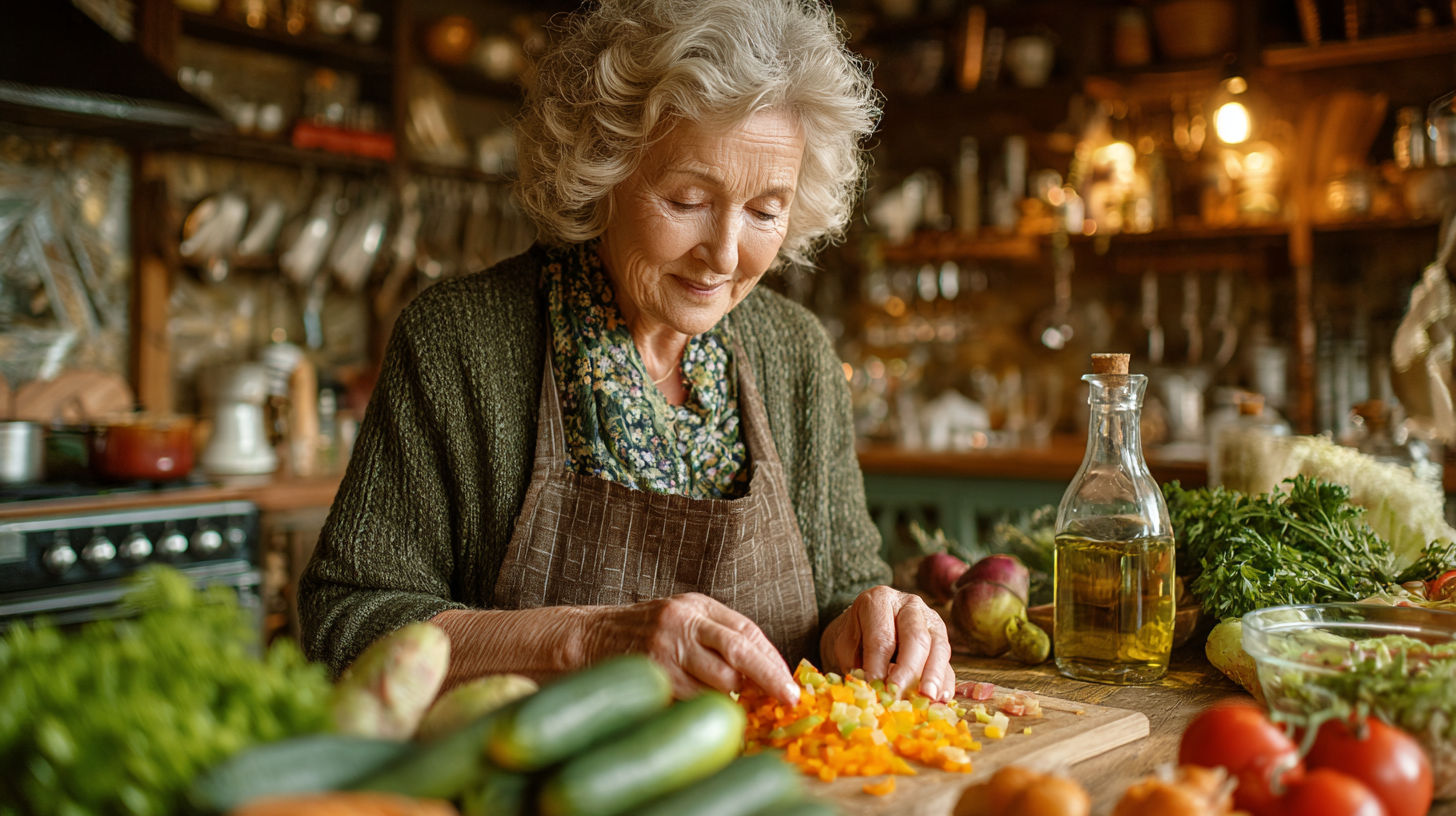 Щаслива пара старшого віку готує здорову їжу разом